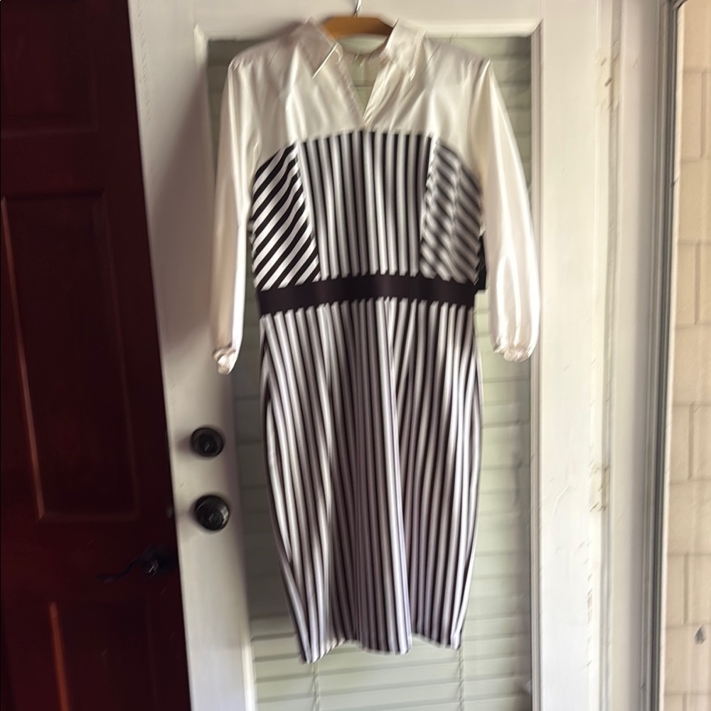 New York & Company Black and White Sheath Dress with Bishop Sleeves